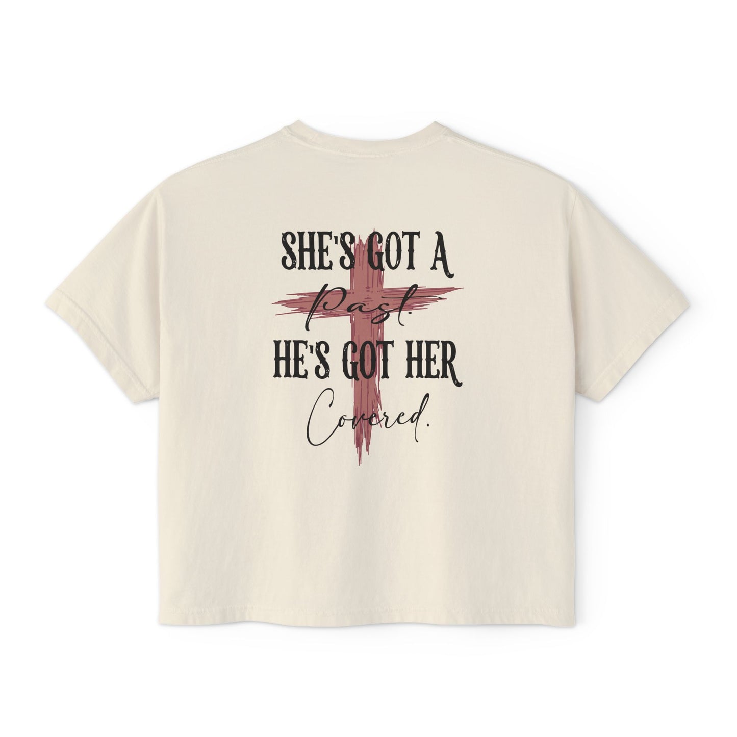Outlaw Amen Women's Boxy Tee — "She's Got a Past, He's Got Her Covered" Christian Western Graphic Shirt