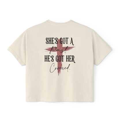 Outlaw Amen Women's Boxy Tee — "She's Got a Past, He's Got Her Covered" Christian Western Graphic Shirt