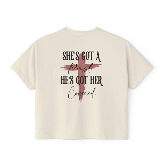 Outlaw Amen Women's Boxy Tee — "She's Got a Past, He's Got Her Covered" Christian Western Graphic Shirt