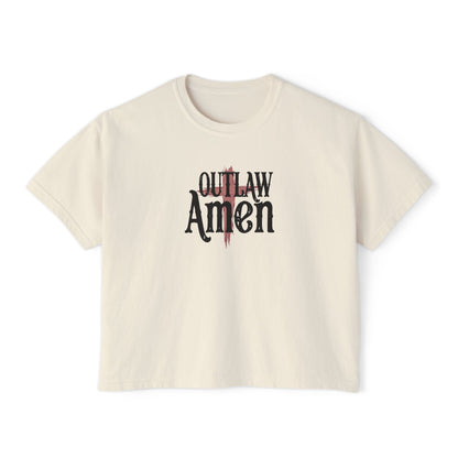 Outlaw Amen Women's Boxy Tee — "She's Got a Past, He's Got Her Covered" Christian Western Graphic Shirt